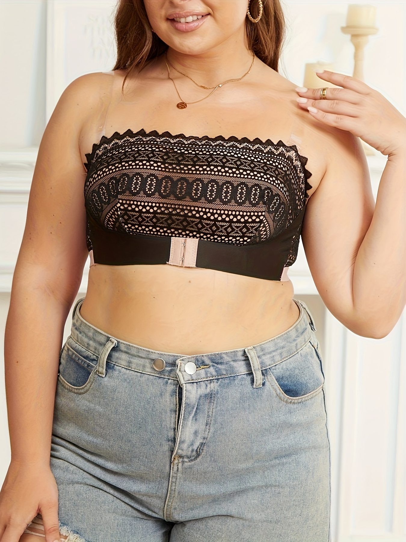 Plus Size Elegant Bra, Women's Plus Striped Lace Closure Front Wireless Non Padded Strapless Light Bandeau Bra - الصورة 19