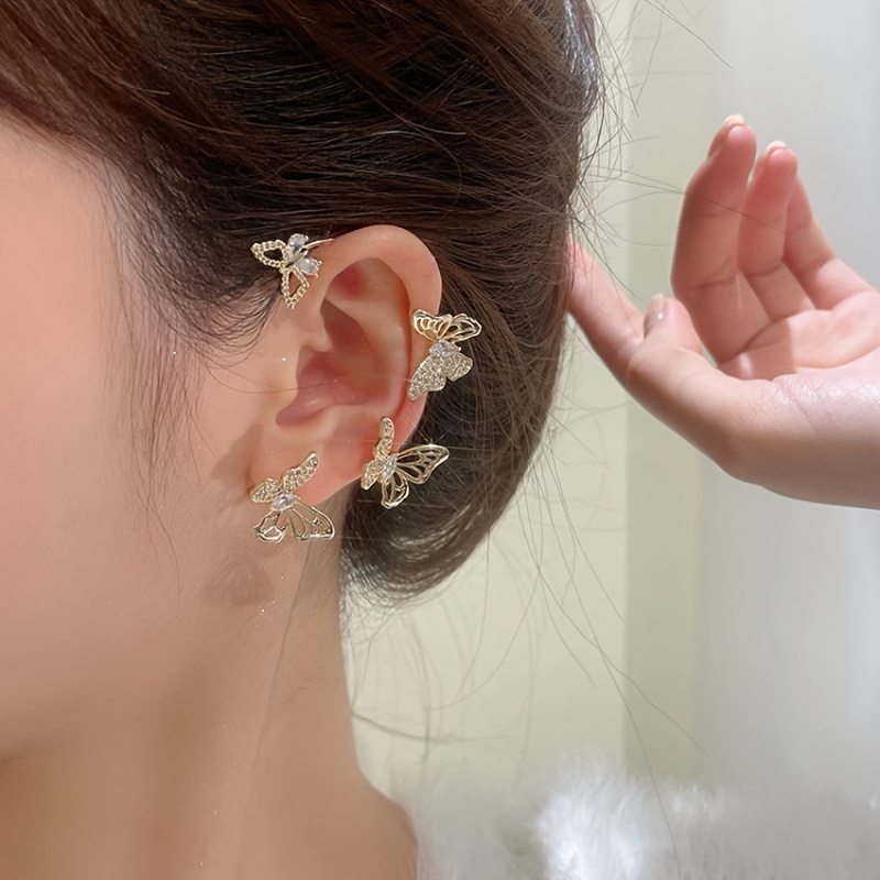 Women'S Elegant Butterfly Ear Cuffs - No-Piercing Ear Hooks, Synthetic Gemstone Accents, Everyday & Formal Jewelry for Parties, Weddings, Everyday Outfits - Non-Piercing Ear Clips for Sensitive Light Beige, Party Accessories, Whimsical Design, Delicate Cr - الصورة 8