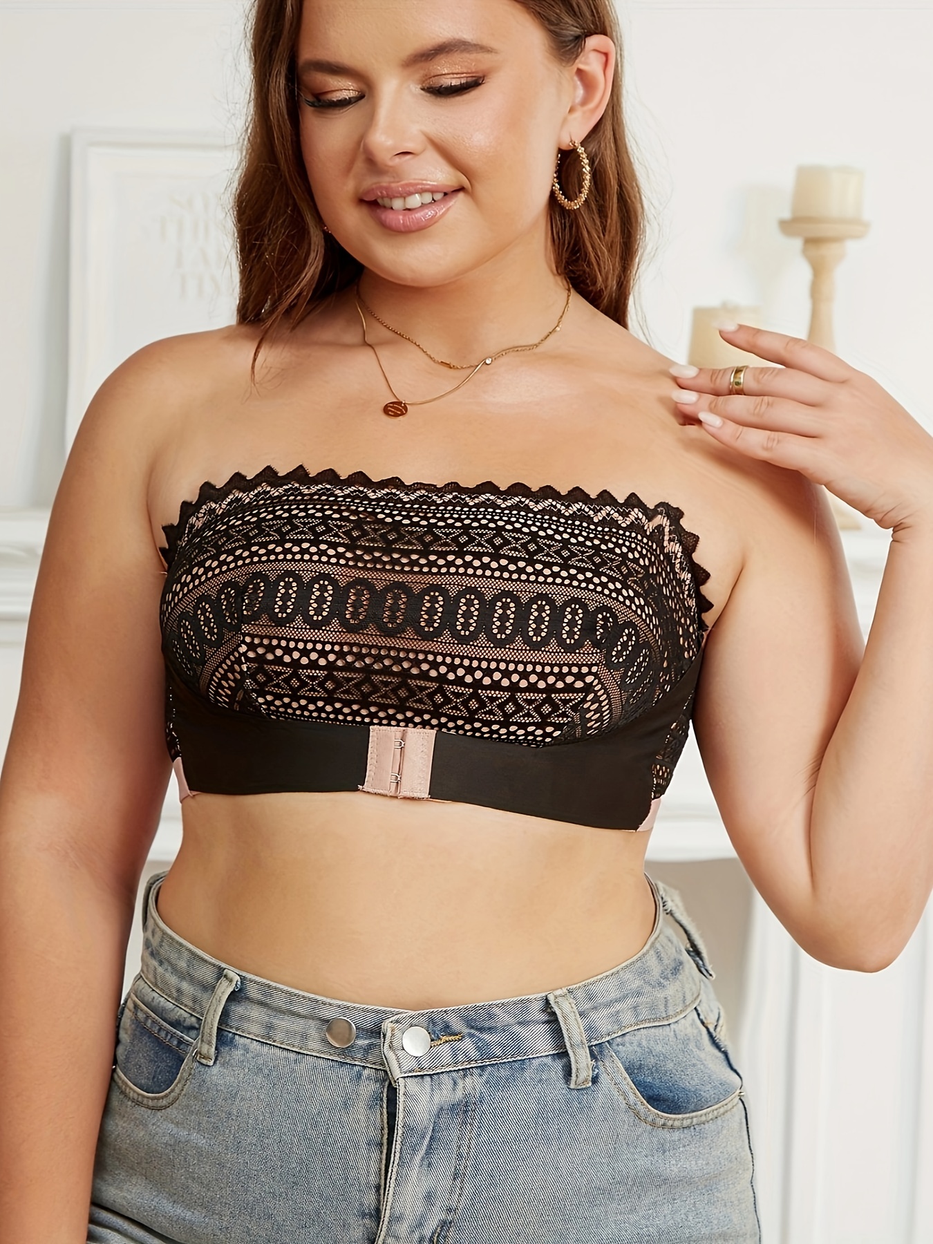 Plus Size Elegant Bra, Women's Plus Striped Lace Closure Front Wireless Non Padded Strapless Light Bandeau Bra - الصورة 17