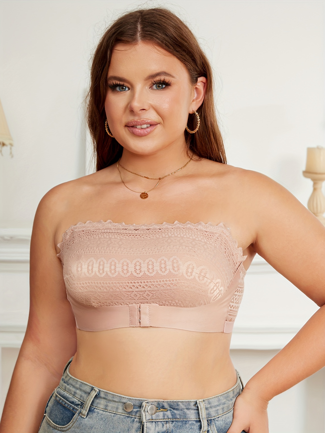 Plus Size Elegant Bra, Women's Plus Striped Lace Closure Front Wireless Non Padded Strapless Light Bandeau Bra - الصورة 24