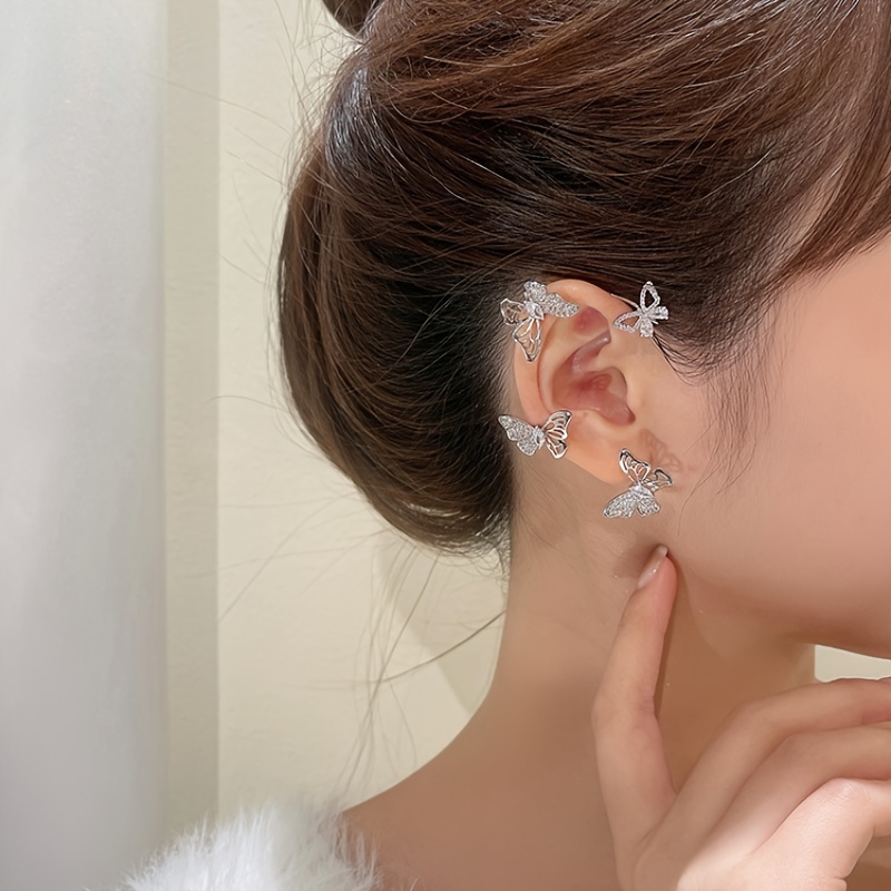 Women'S Elegant Butterfly Ear Cuffs - No-Piercing Ear Hooks, Synthetic Gemstone Accents, Everyday & Formal Jewelry for Parties, Weddings, Everyday Outfits - Non-Piercing Ear Clips for Sensitive Light Beige, Party Accessories, Whimsical Design, Delicate Cr - الصورة 4