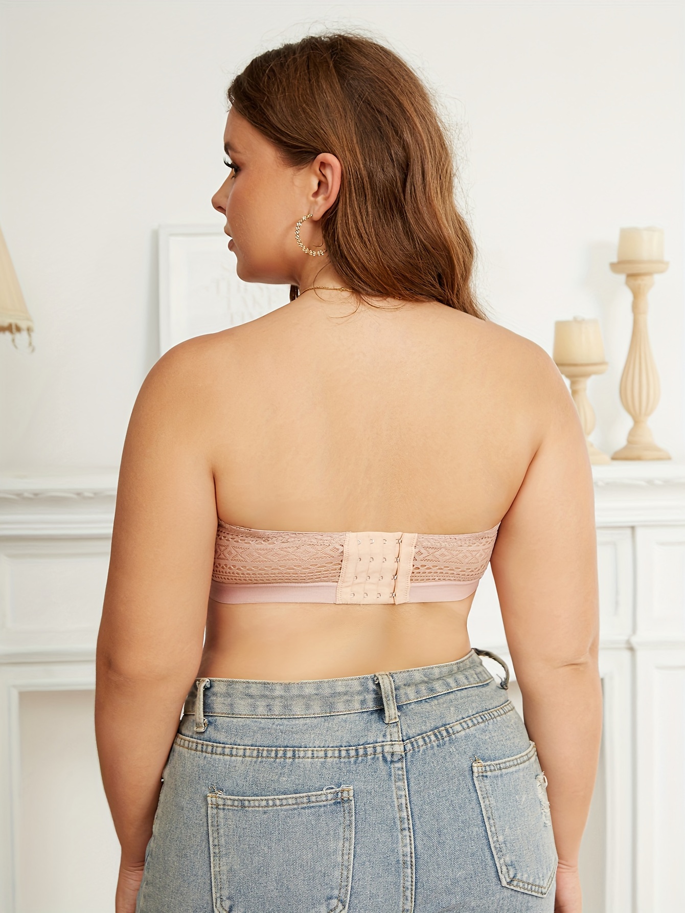 Plus Size Elegant Bra, Women's Plus Striped Lace Closure Front Wireless Non Padded Strapless Light Bandeau Bra - الصورة 7
