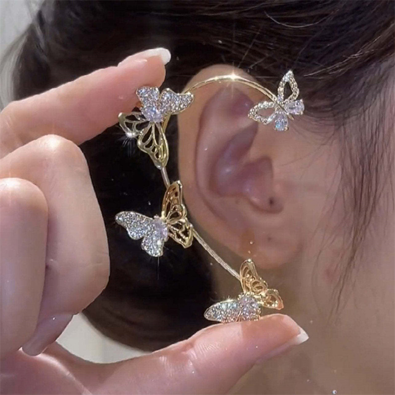 Women'S Elegant Butterfly Ear Cuffs - No-Piercing Ear Hooks, Synthetic Gemstone Accents, Everyday & Formal Jewelry for Parties, Weddings, Everyday Outfits - Non-Piercing Ear Clips for Sensitive Light Beige, Party Accessories, Whimsical Design, Delicate Cr - الصورة 2