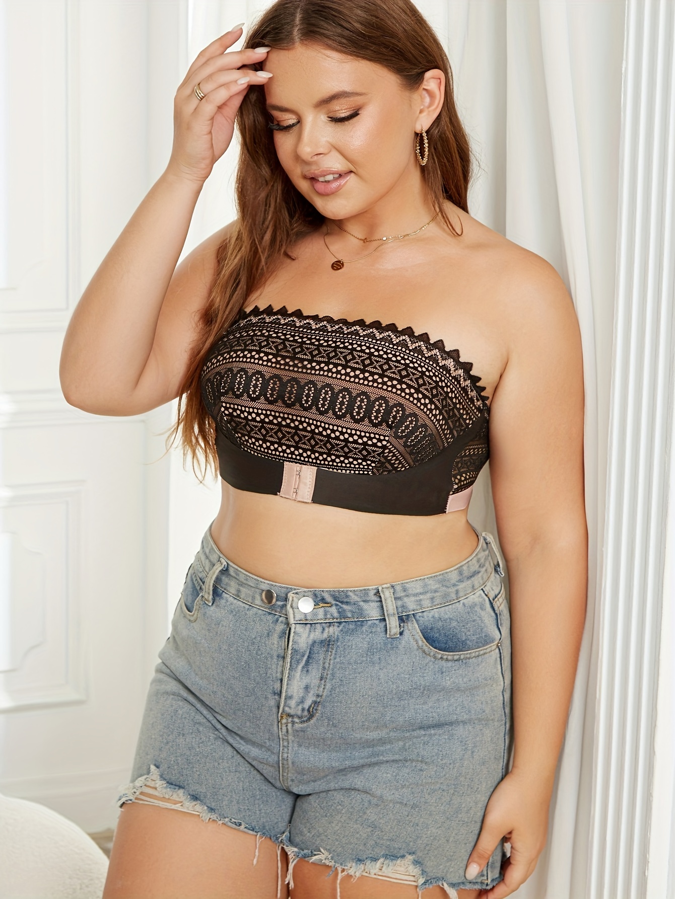 Plus Size Elegant Bra, Women's Plus Striped Lace Closure Front Wireless Non Padded Strapless Light Bandeau Bra - الصورة 18