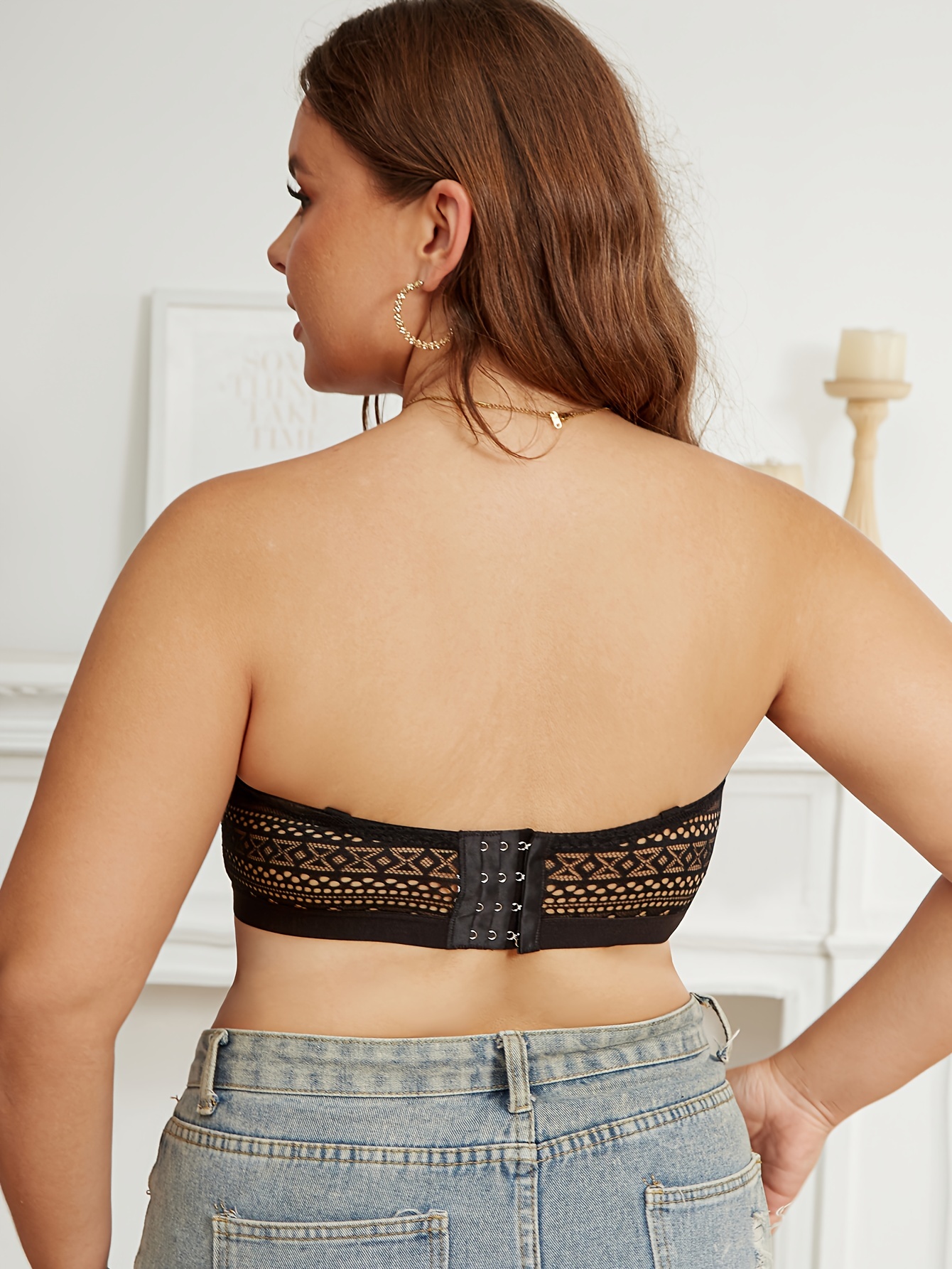 Plus Size Elegant Bra, Women's Plus Striped Lace Closure Front Wireless Non Padded Strapless Light Bandeau Bra - الصورة 5