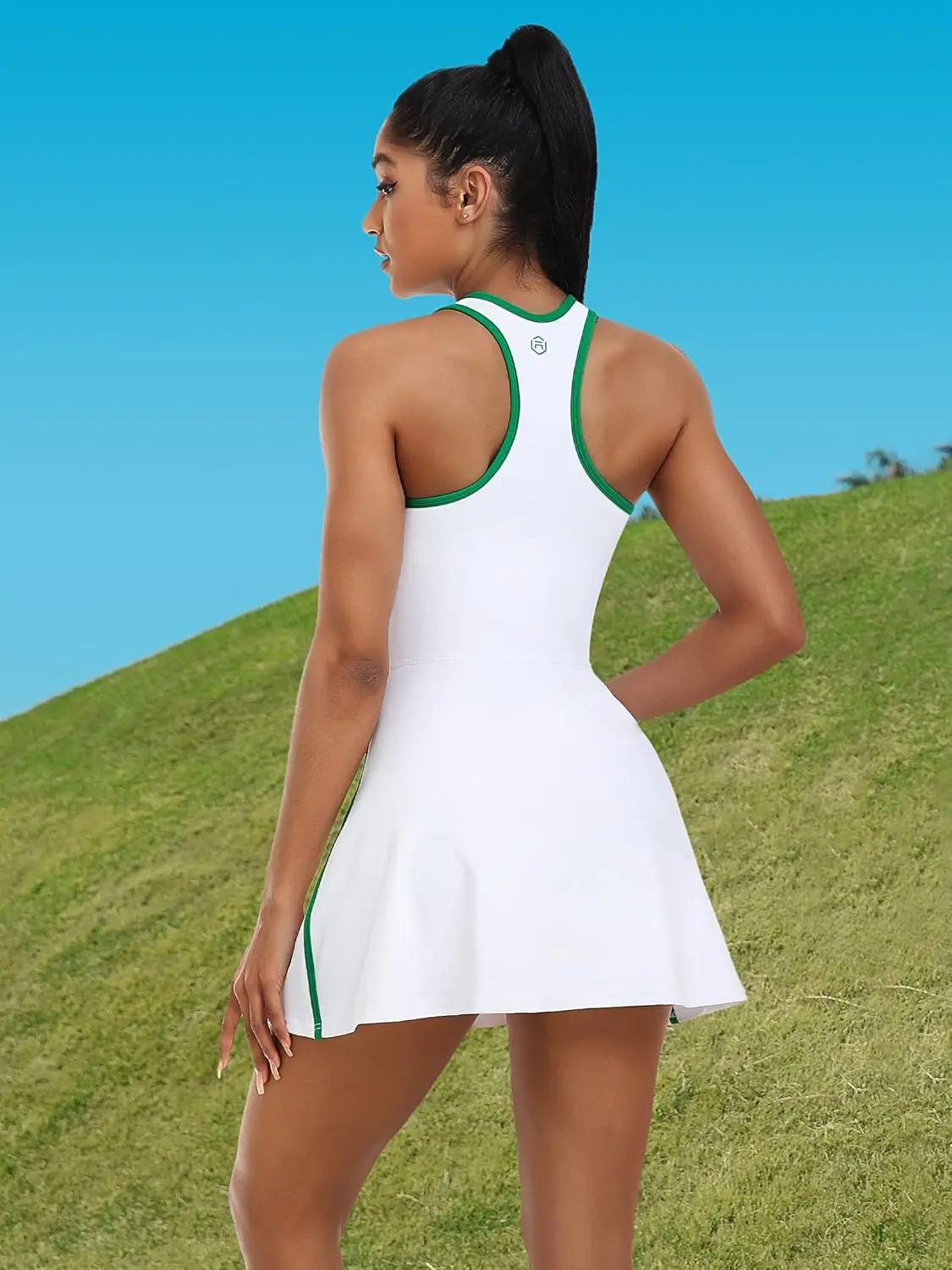Anfilia Women One-piece Tennis Dress V Neck Racerback Built in Bra with Inner Separate Shorts Pockets Sleevesless Sports Dress - الصورة 20