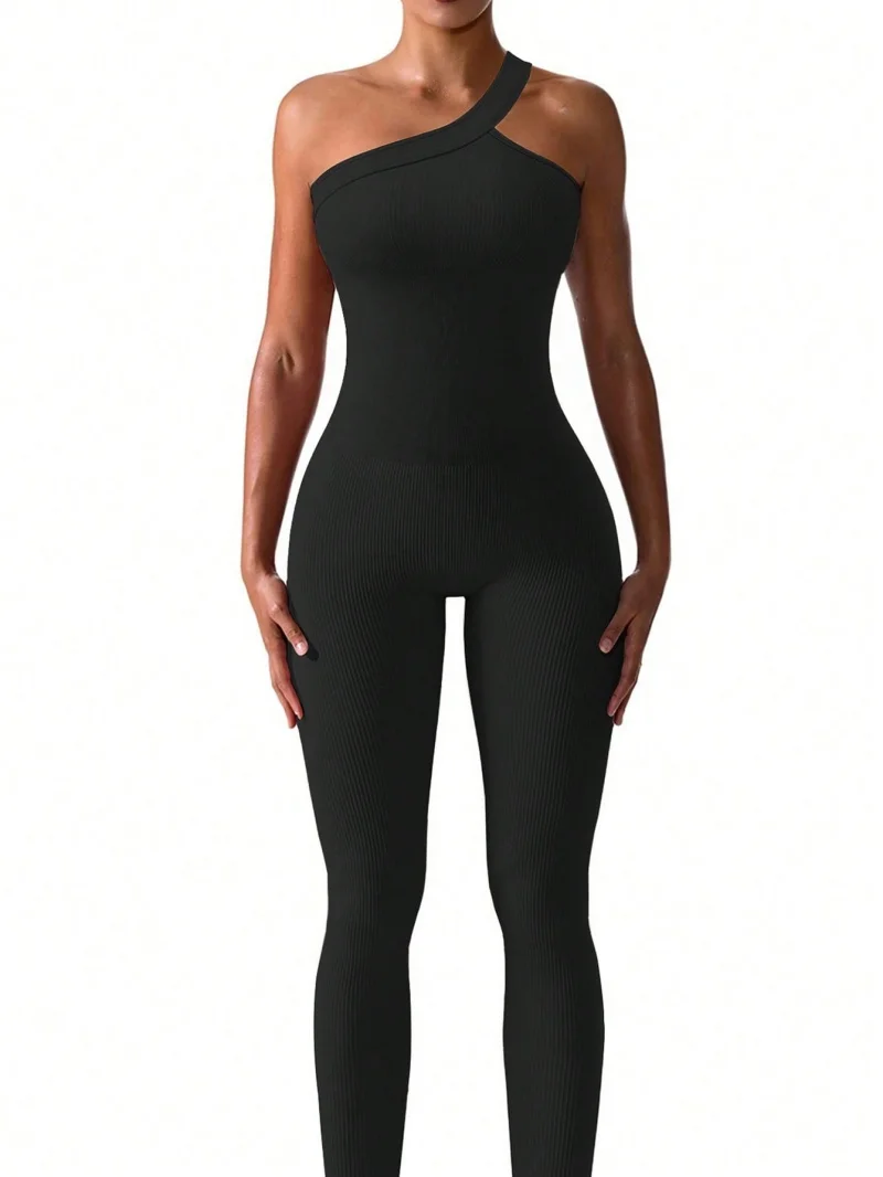 Women Yoga Jumpsuits Workout Ribbed One Shoulder One Piece Sport Jumpsuits - الصورة 7