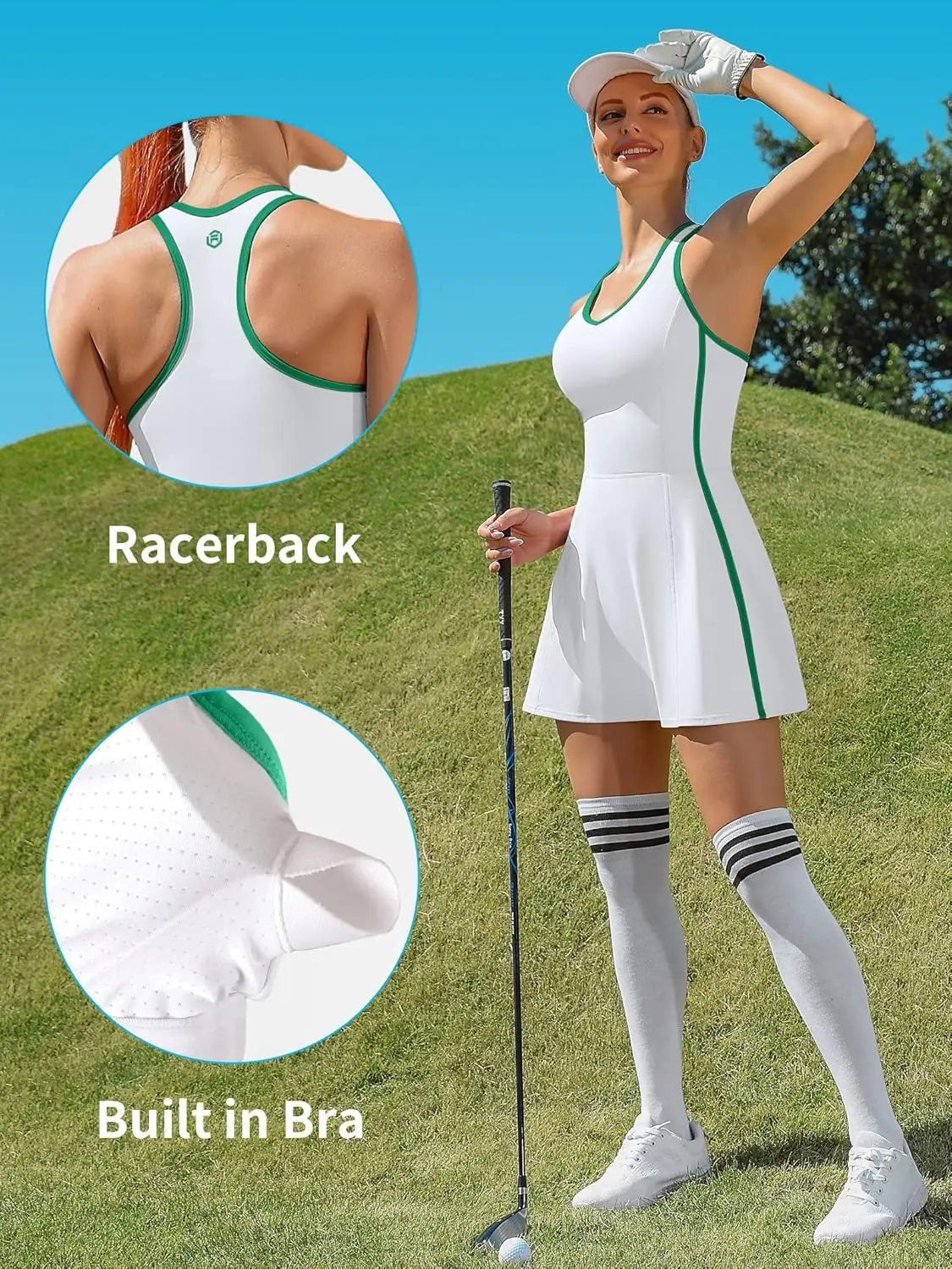 Anfilia Women One-piece Tennis Dress V Neck Racerback Built in Bra with Inner Separate Shorts Pockets Sleevesless Sports Dress - الصورة 17