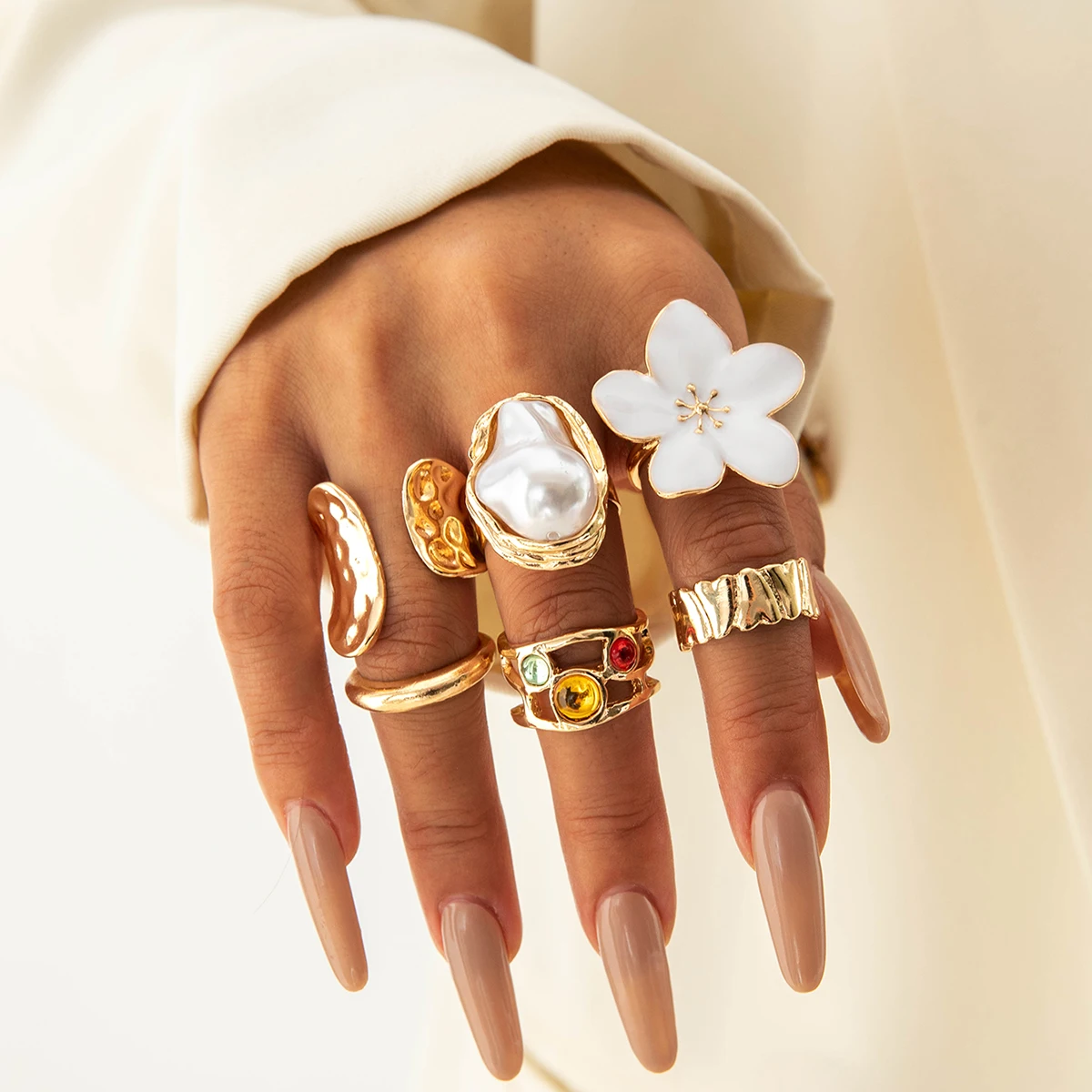Tocona 2024 New Fashion Luxury Imitation Pearl Open Ring Sets for Women Elegant Gold Color Ring Party Jewelry Accessories - الصورة 7