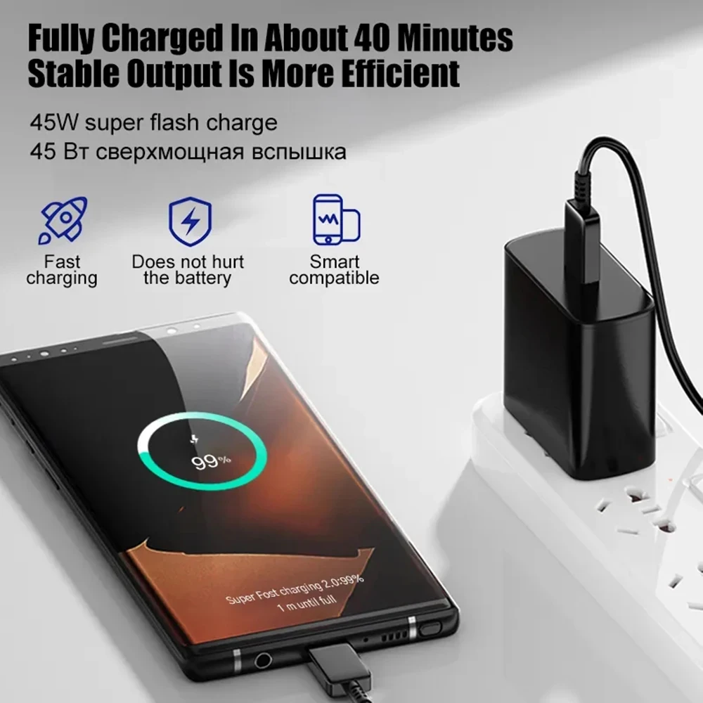 45W PD Super fast charge for S22 S23 Ultra Note 10+ 5G USB C Mobile Phone Type C US/EU/UK Fast Quick Charging Wall Adapter - الصورة 2