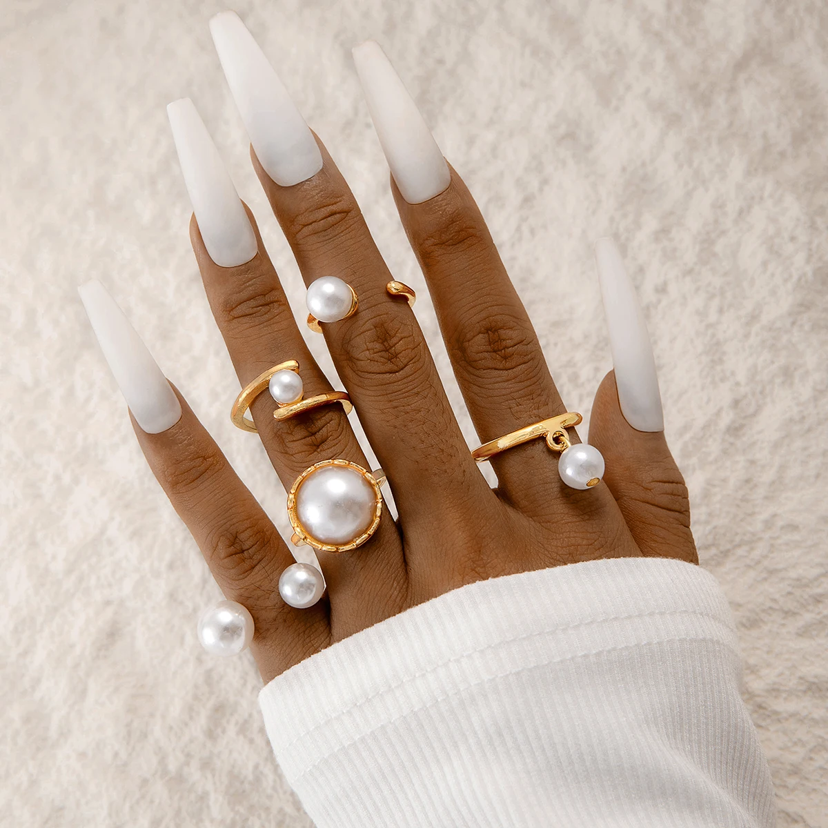 Tocona 2024 New Fashion Luxury Imitation Pearl Open Ring Sets for Women Elegant Gold Color Ring Party Jewelry Accessories - الصورة 15