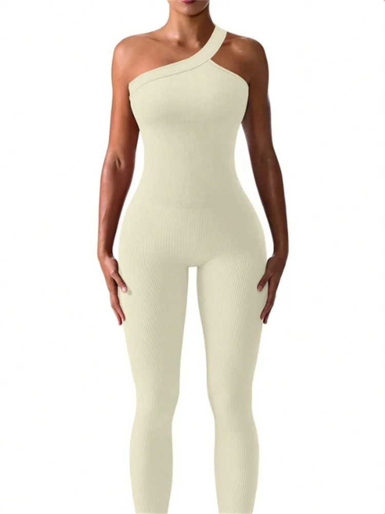 Women Yoga Jumpsuits Workout Ribbed One Shoulder One Piece Sport Jumpsuits - الصورة 8