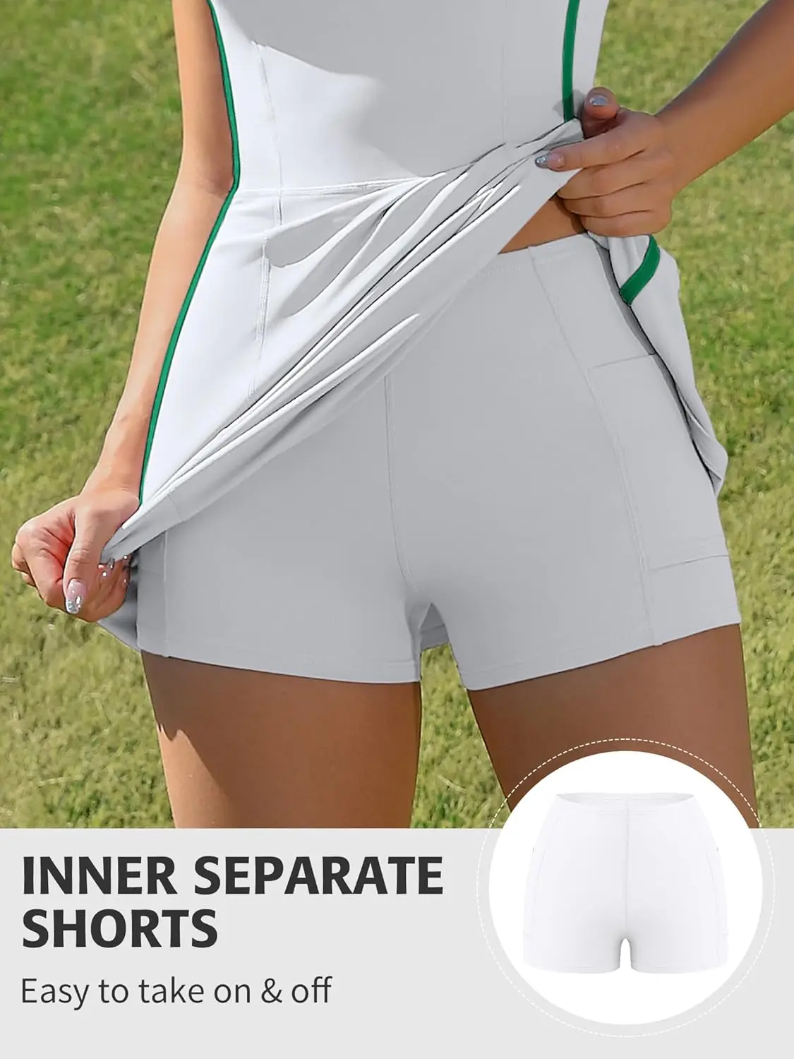Anfilia Women One-piece Tennis Dress V Neck Racerback Built in Bra with Inner Separate Shorts Pockets Sleevesless Sports Dress - الصورة 19