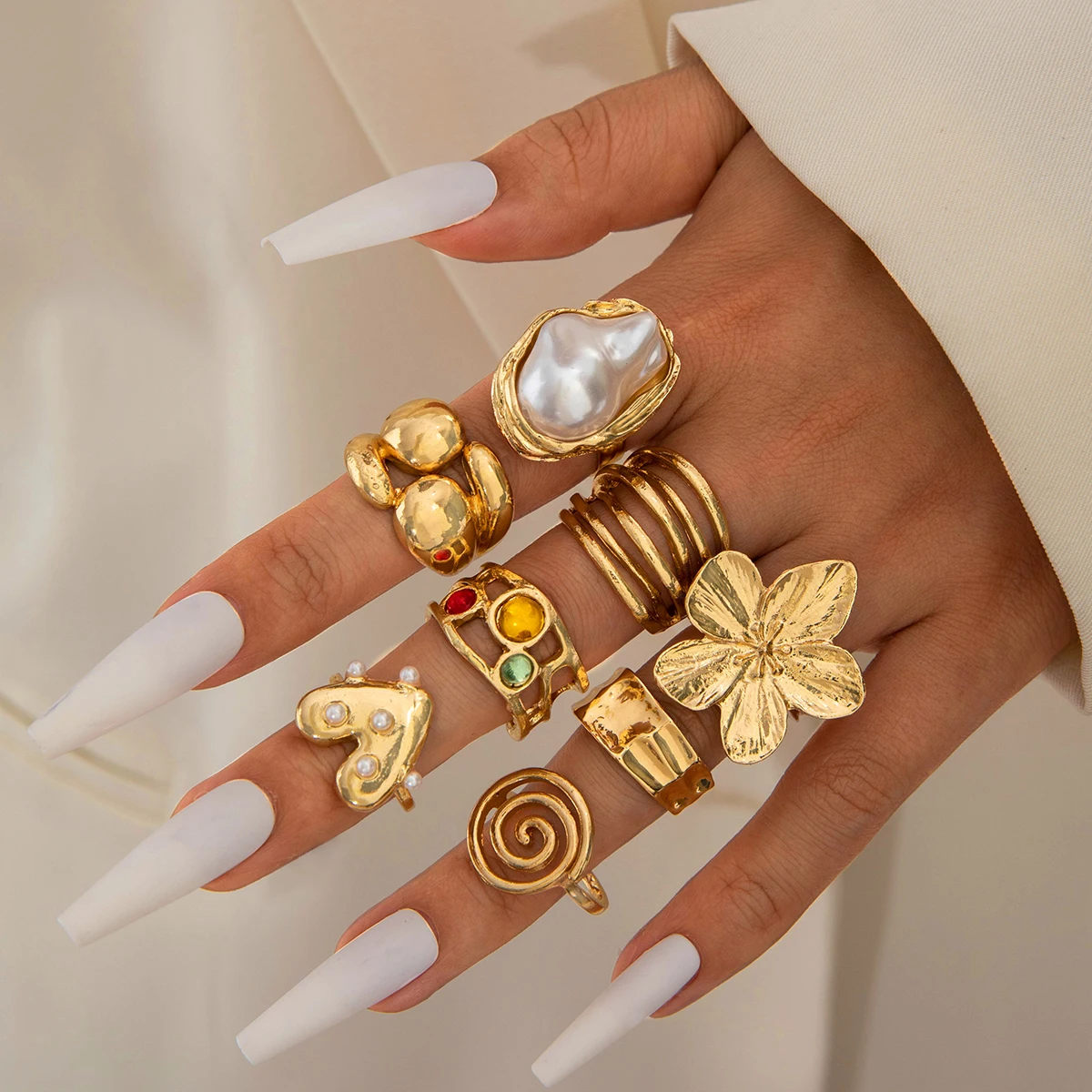 Tocona 2024 New Fashion Luxury Imitation Pearl Open Ring Sets for Women Elegant Gold Color Ring Party Jewelry Accessories - الصورة 13
