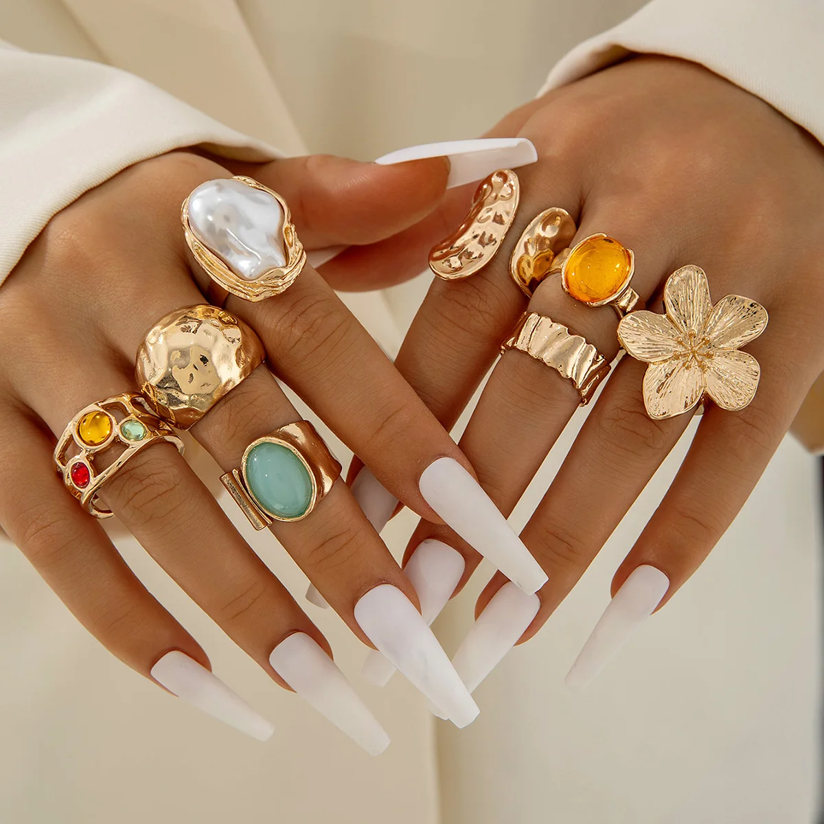 Tocona 2024 New Fashion Luxury Imitation Pearl Open Ring Sets for Women Elegant Gold Color Ring Party Jewelry Accessories - الصورة 12