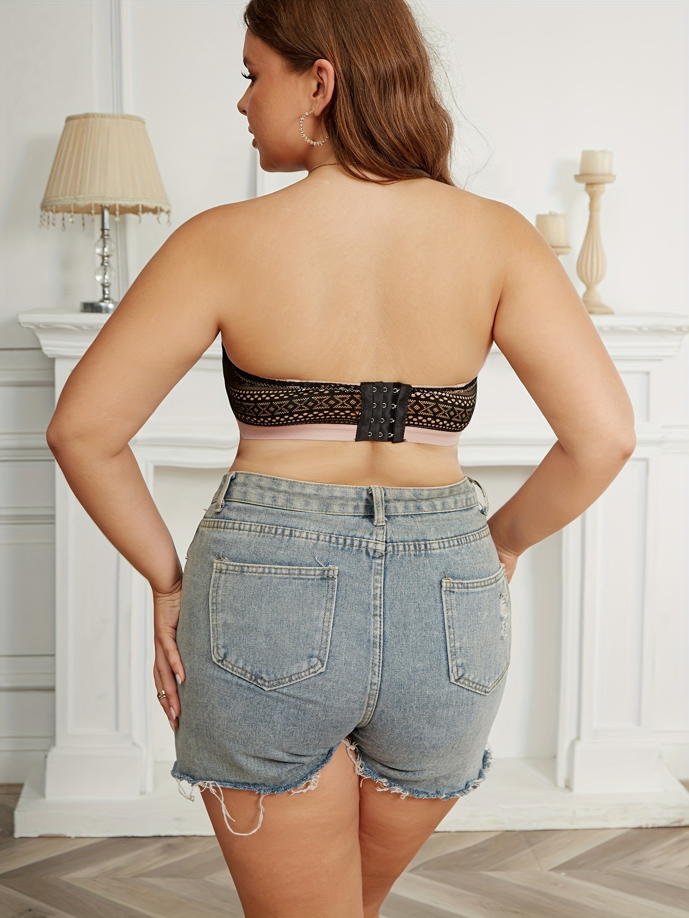 Plus Size Elegant Bra, Women's Plus Striped Lace Closure Front Wireless Non Padded Strapless Light Bandeau Bra - الصورة 8