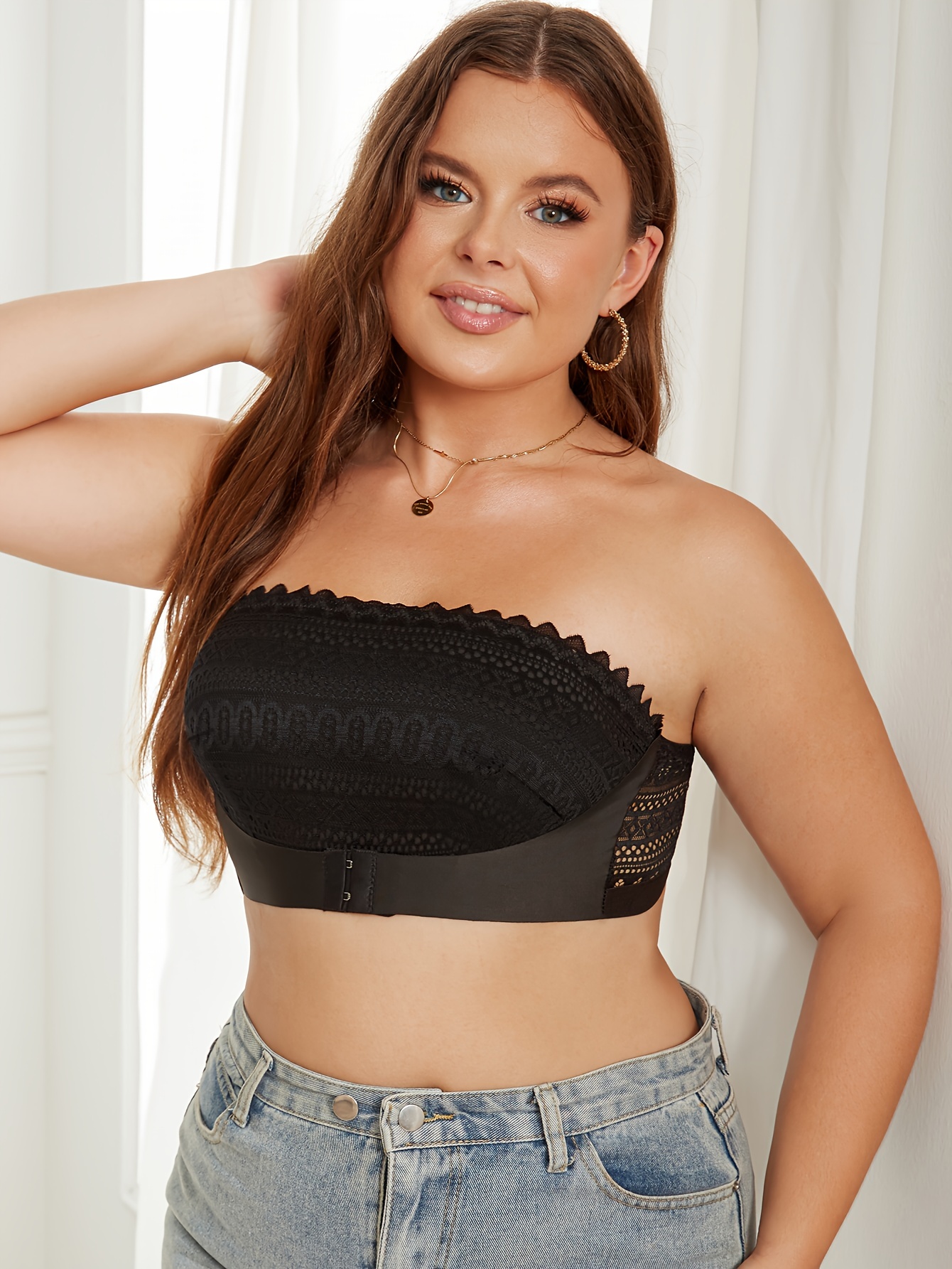 Plus Size Elegant Bra, Women's Plus Striped Lace Closure Front Wireless Non Padded Strapless Light Bandeau Bra - الصورة 22