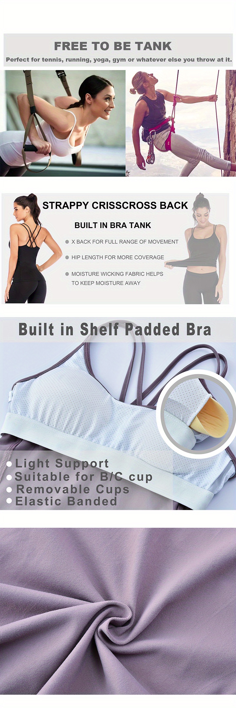 Women's Built In Bra Yoga Tank Top, Longline Sports Bra Camisole Athletic Workout Shirt - الصورة 19